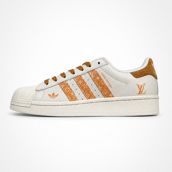 adidas Originals x Louis Vuitton Superstar Cream Orange Monogram sneaker, side profile view