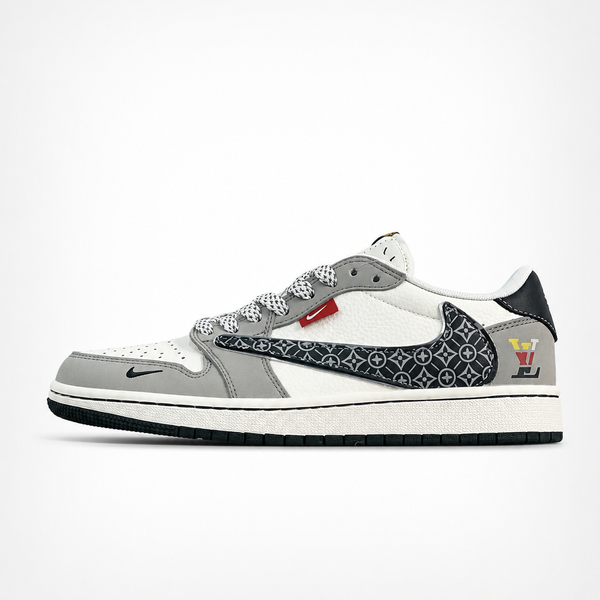 Travis Scott x Nike x Louis Vuitton Air Jordan 1 Low White Grey Black Monogram sneaker, side profile view