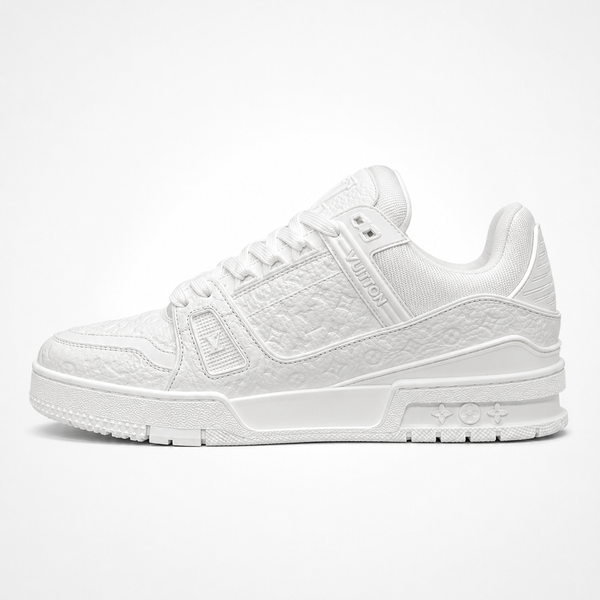 Louis Vuitton Trainer Triple White Monogram sneaker, side profile view