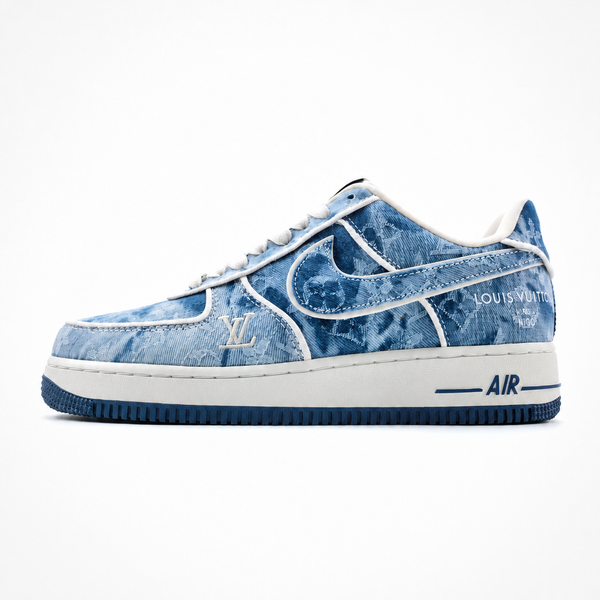 Nike x Louis Vuitton Air Force 1 Low 07 Blue Denim Monogram sneaker, side profile view