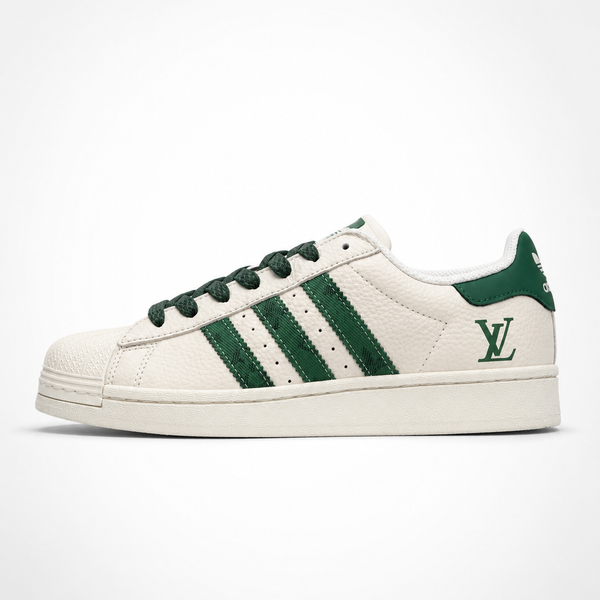adidas Originals x Louis Vuitton Superstar Cream Green Monogram sneaker, side profile view