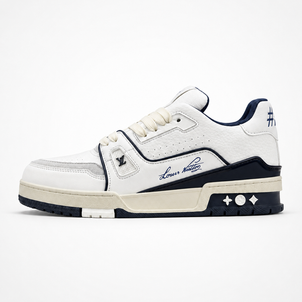 Louis Vuitton Trainer #54 Low White Navy sneaker, side profile view
