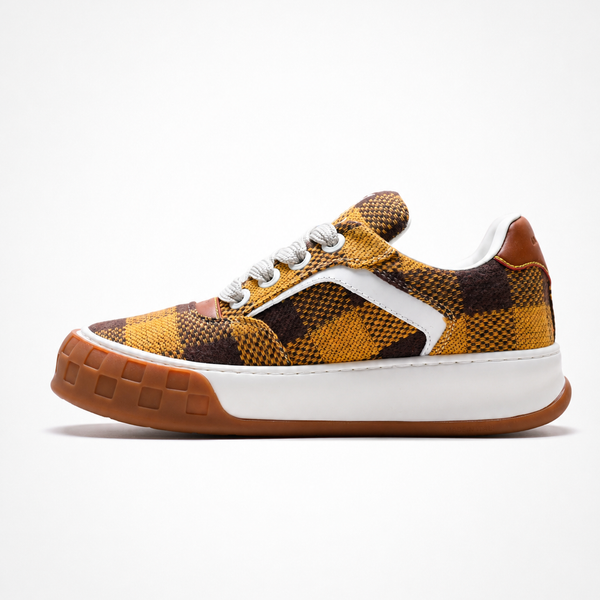 Louis Vuitton Tilted Yellow Damier sneaker, side profile view