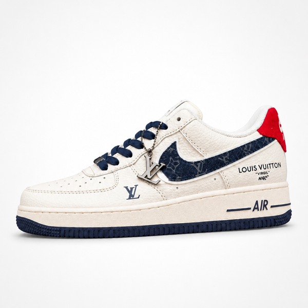 Nike x Louis Vuitton Air Force 1 Low 07 White Navy Denim Monogram sneaker, side profile view