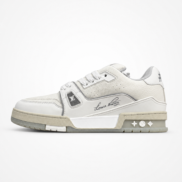 Louis Vuitton Trainer #54 Low White Grey sneaker, angled three-quarter view