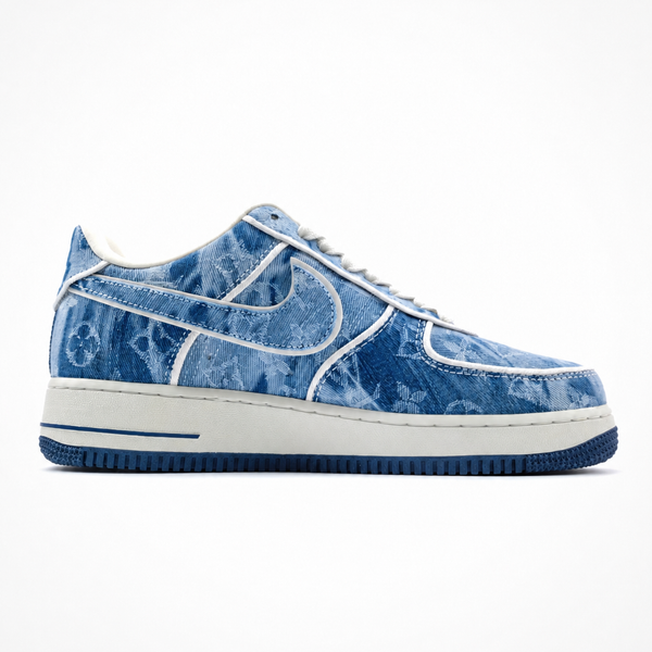 Nike x Louis Vuitton Air Force 1 Low 07 Blue Denim Monogram sneaker, angled three-quarter view