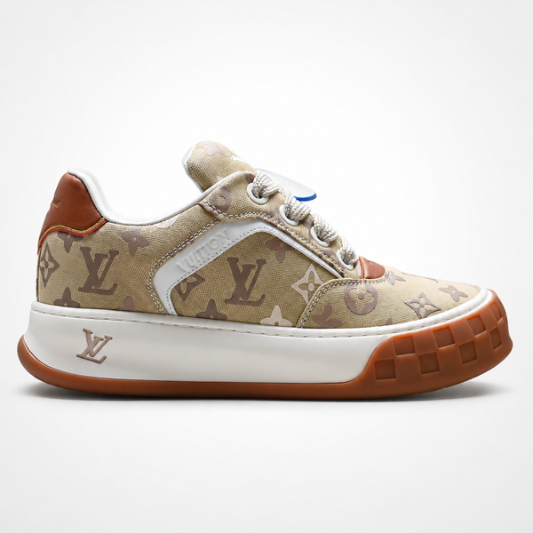 Louis Vuitton Tilted Beige Monogram sneaker, angled three-quarter view