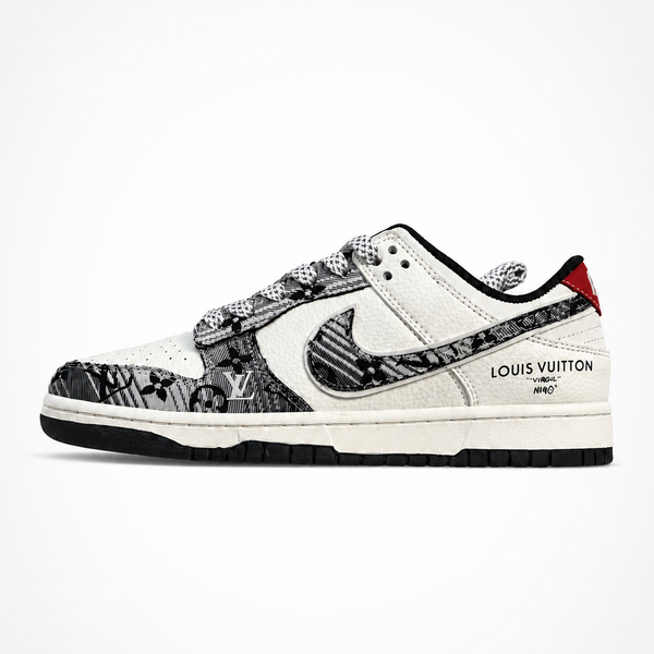 Nike x Louis Vuitton SB Dunk Low White Black Monogram sneaker, angled three-quarter view