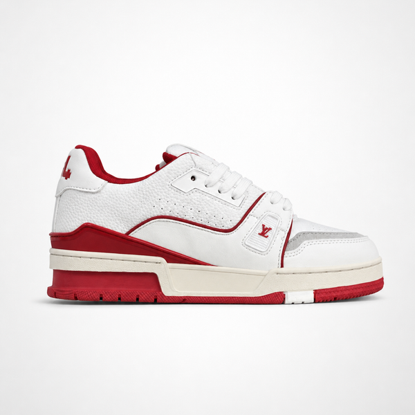 Louis Vuitton Trainer #54 Low White Red sneaker, angled three-quarter view