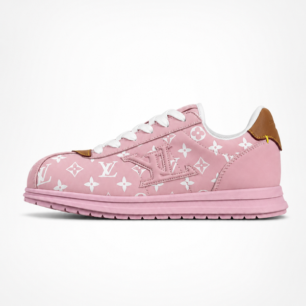 Louis Vuitton x Nigo Runner Pink Monogram sneaker, angled three-quarter view