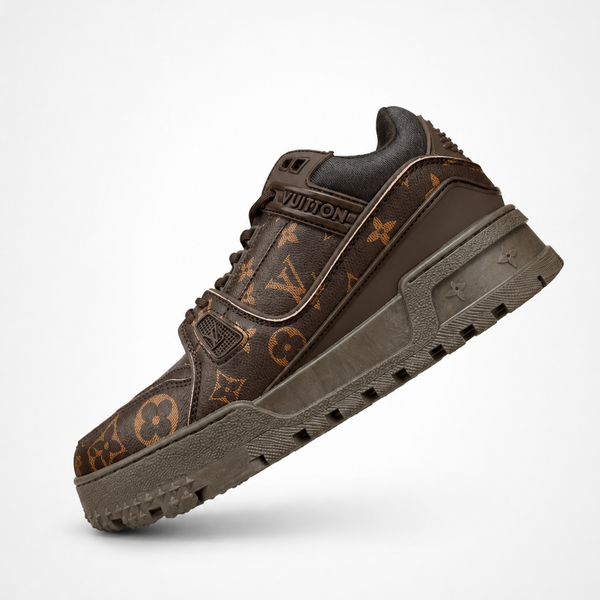 Louis Vuitton Trainer Maxi Brown Monogram sneaker, angled three-quarter view
