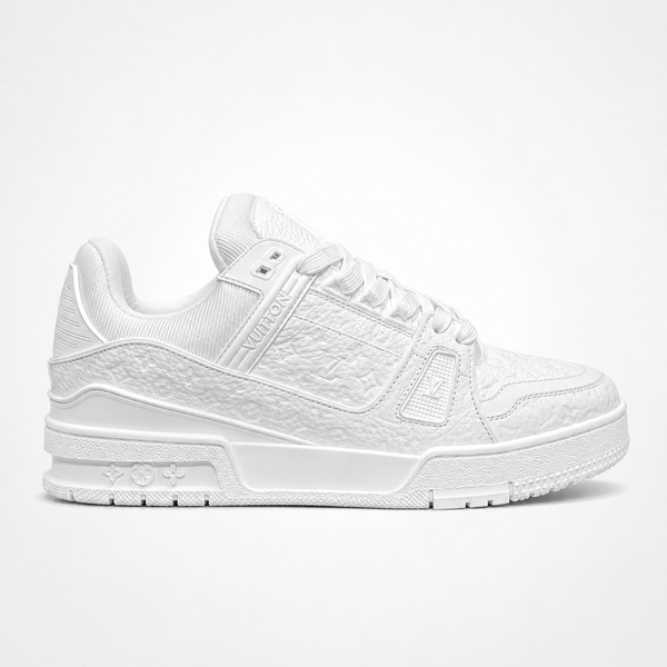 Louis Vuitton Trainer Triple White Monogram sneaker, angled three-quarter view