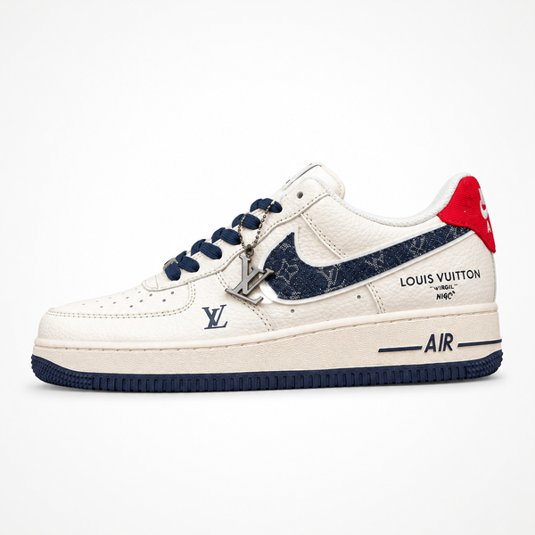Nike x Louis Vuitton Air Force 1 Low 07 White Navy Denim Monogram sneaker, angled three-quarter view