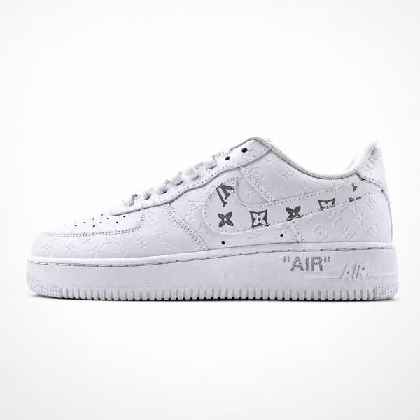 Nike x Louis Vuitton Air Force 1 Low 07 Triple White Embossed Monogram sneaker, angled three-quarter view