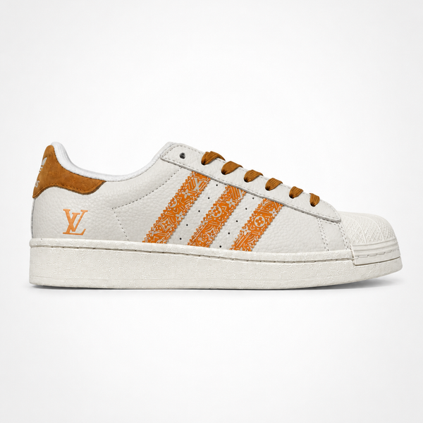 adidas Originals x Louis Vuitton Superstar Cream Orange Monogram sneaker, angled three-quarter view