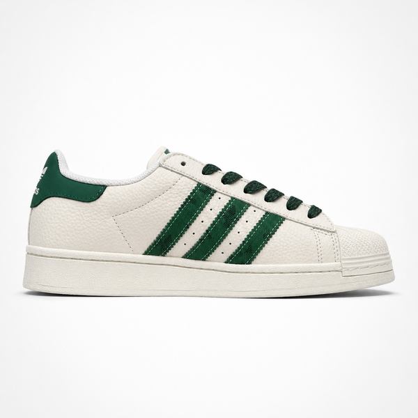 adidas Originals x Louis Vuitton Superstar Cream Green Monogram sneaker, angled three-quarter view