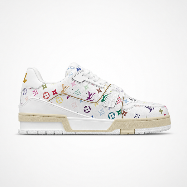 Louis Vuitton Trainer Sneaker Low White Multicolor Monogram sneaker, angled three-quarter view