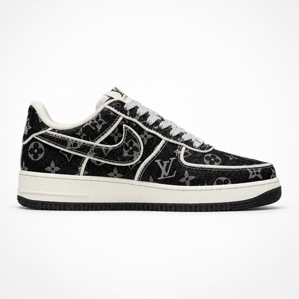 Nike x Louis Vuitton Air Force 1 Low 07 Blue Denim Monogram sneaker, angled three-quarter view