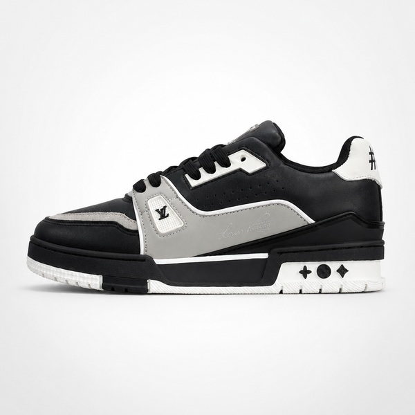 Louis Vuitton Trainer #54 Low Black White sneaker, angled three-quarter view