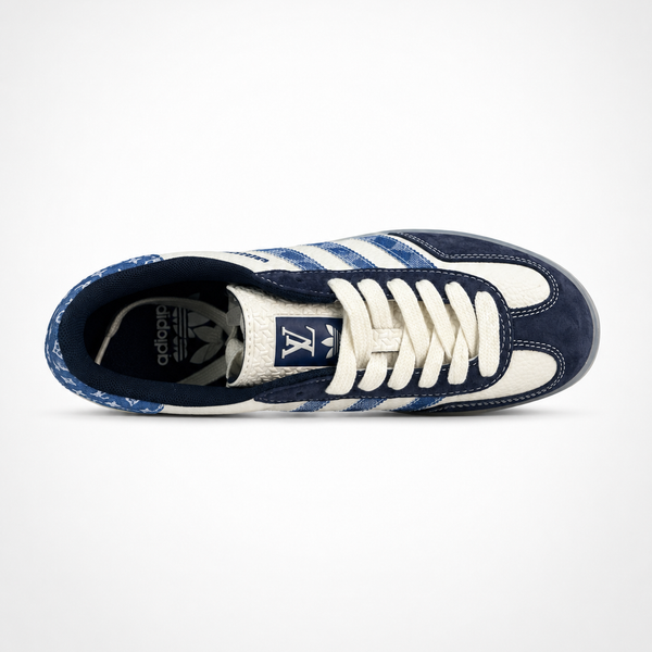 adidas Originals x Louis Vuitton Gazelle Indoor Navy Cream Monogram sneaker, angled three-quarter view