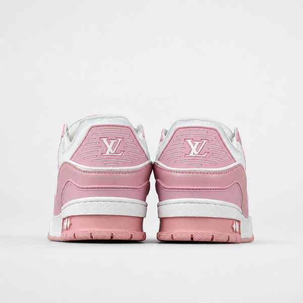 Louis Vuitton LV Trainer Low Pink White sneaker, angled three-quarter view