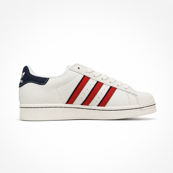 adidas Originals x Louis Vuitton Superstar White Red Navy sneaker, angled three-quarter view