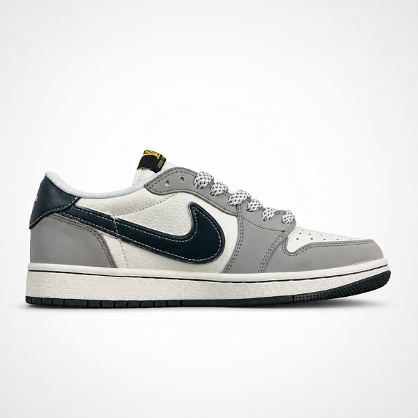 Travis Scott x Nike x Louis Vuitton Air Jordan 1 Low White Grey Black Monogram sneaker, angled three-quarter view