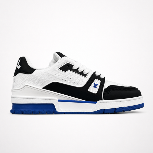 Louis Vuitton Remarque Low White Black Blue Sole sneaker, angled three-quarter view