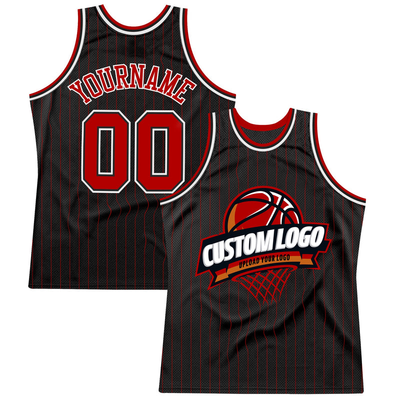 Custom Black Red Pinstripe White Authentic Basketball Jersey