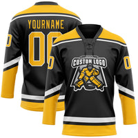 Custom Black Gold-White Hockey Lace Neck Jersey