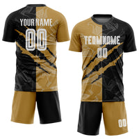 Custom Graffiti Pattern White Black-Old Gold Scratch Sublimation Soccer Uniform Jersey