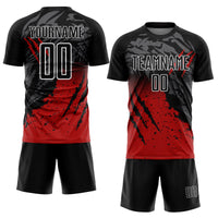 Custom Black Red-White Gradient Scratch Splash Sublimation Soccer Uniform Jersey