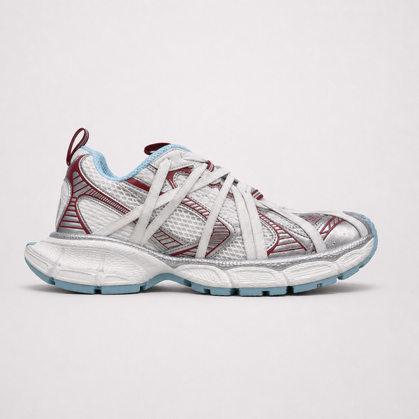 Balenciaga 3XL Extreme Laces White Red Blue sneaker, angled three-quarter view