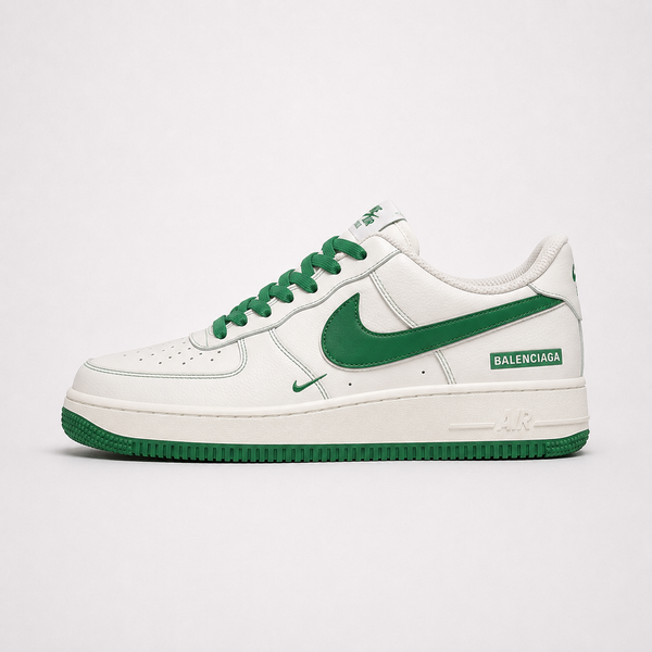 Balenciaga x Nike Air Force 1 Low '07 White Green sneaker, angled three-quarter view