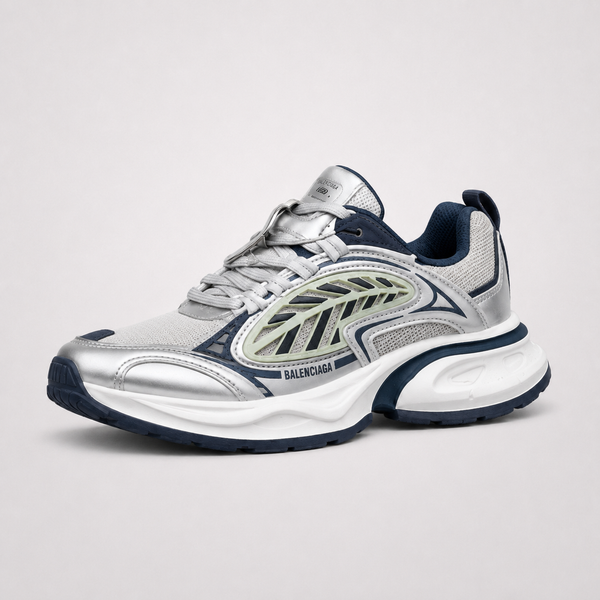 Balenciaga Sneakers Silver Navy sneaker, angled three-quarter view