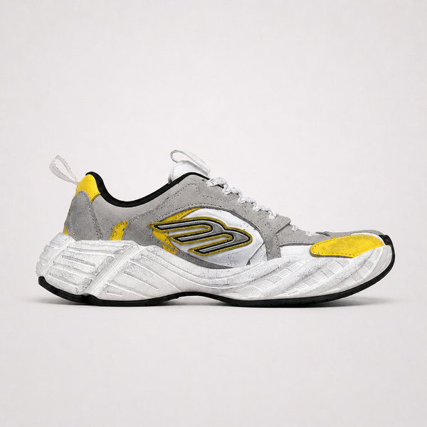 Balenciaga Monday Grey Yellow sneaker, angled three-quarter view