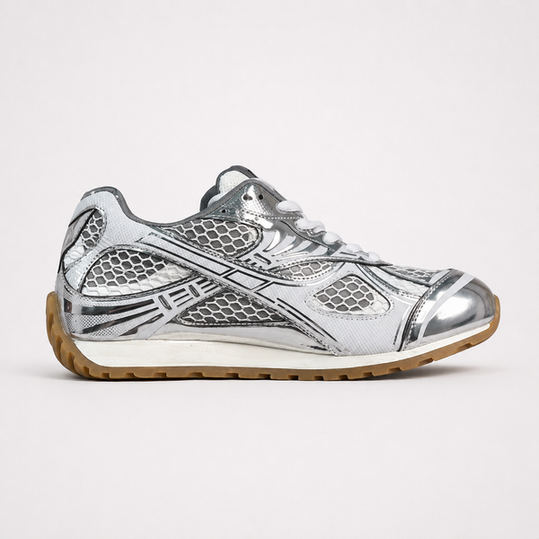 Bottega Veneta Orbit Silver sneaker, angled three-quarter view