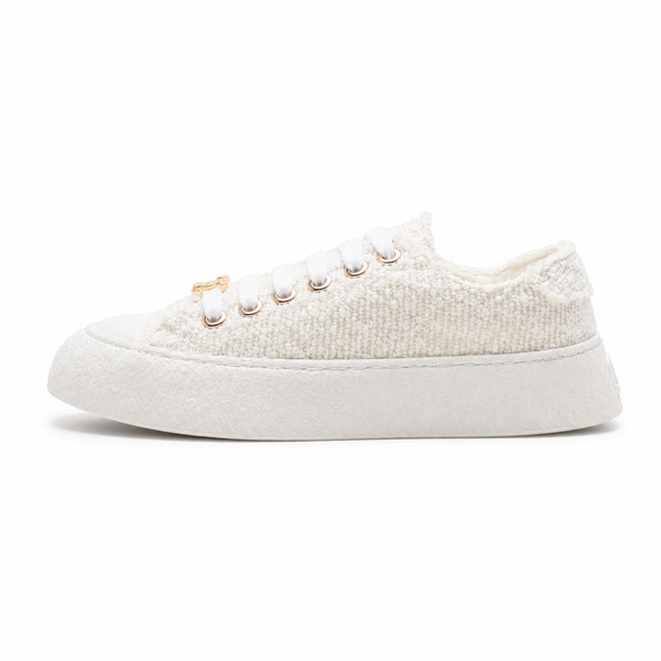 Chanel Low-Top Sneakers White Tweed sneaker, angled three-quarter view