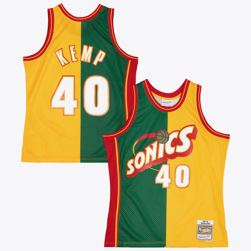Seattle Supersonics Shawn Kemp 1995 Split Swingman Jersey - Green/Yellow