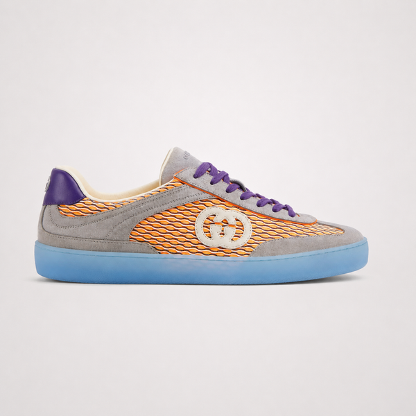 Gucci G75 Low Grey Orange Purple sneaker, angled three-quarter view