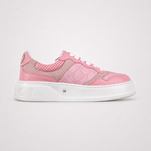 Gucci GG Supreme Pink White sneaker, angled three-quarter view