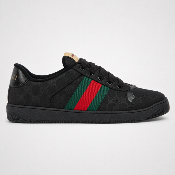 Gucci Screener Black GG Canvas Web sneaker, angled three-quarter view