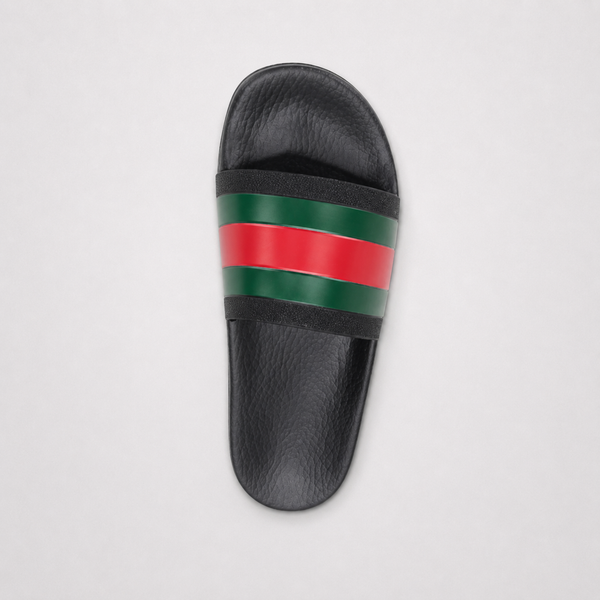 Gucci Pursuit Web Black slide, angled three-quarter view
