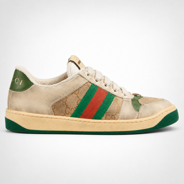 Gucci GG Screener Beige GG Canvas Web sneaker, angled three-quarter view