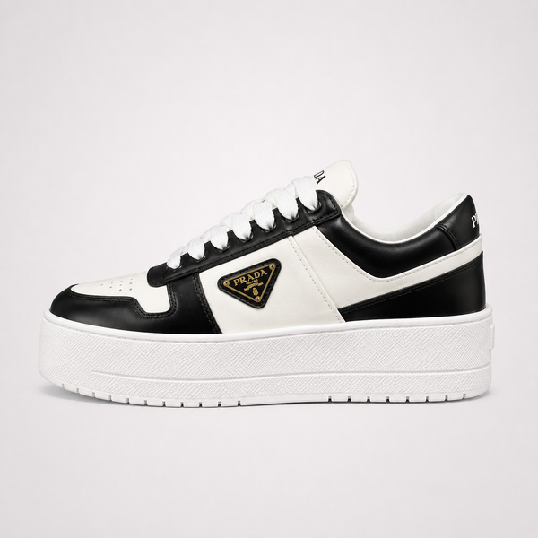 Prada 01 White Black sneaker, angled three-quarter view