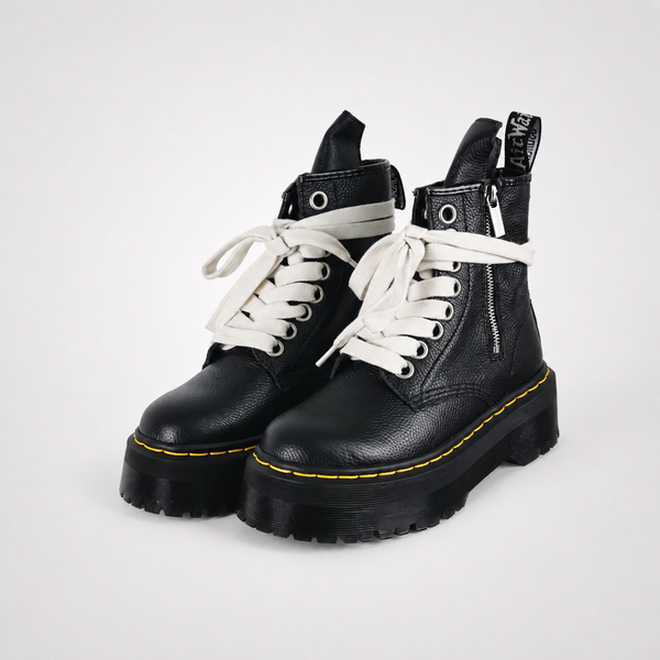 Rick Owens 1460 Pentagram Platform Black boot, angled three-quarter view