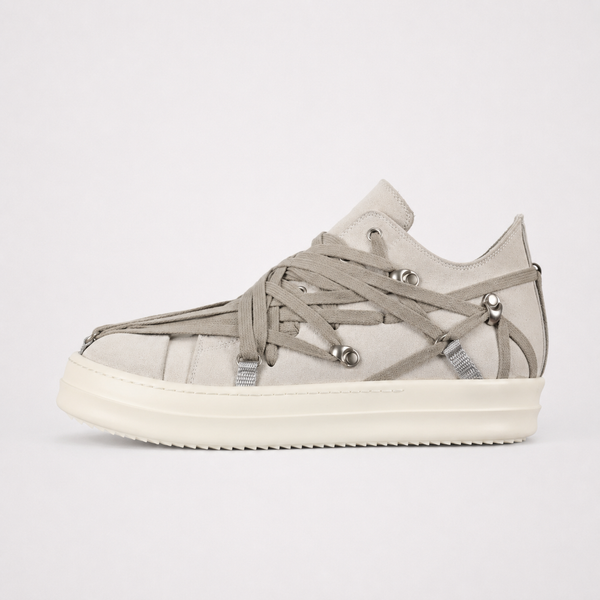 Rick Owens Hollywood Megalace Low Pearl Grey Suede sneaker, side profile view
