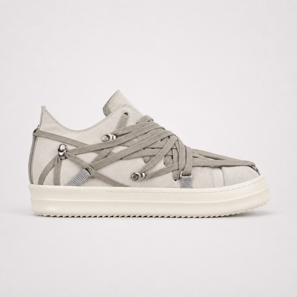 Rick Owens Hollywood Megalace Low Pearl Grey Suede sneaker, angled three-quarter view